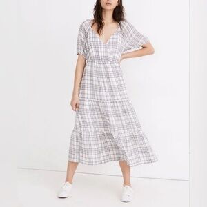Madewell Puff Sleeve Faux Wrap Tiered Midi Dress Plaid Cottagecore